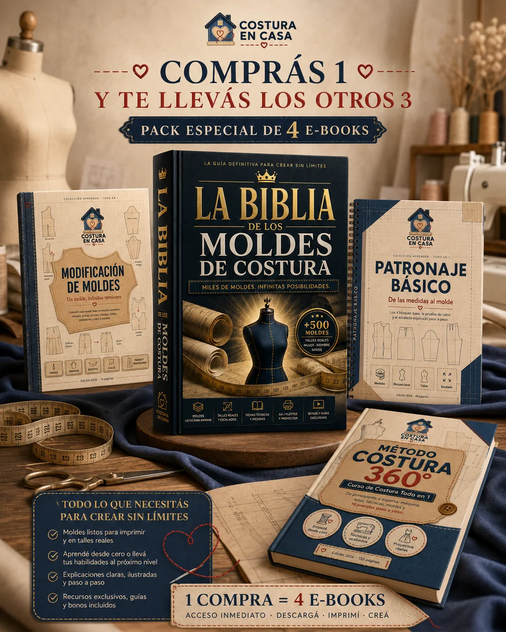 Pack de 4 e-books: La Biblia de los Moldes de Costura + Modificación de Moldes + Patronaje Básico + Método Costura 360°